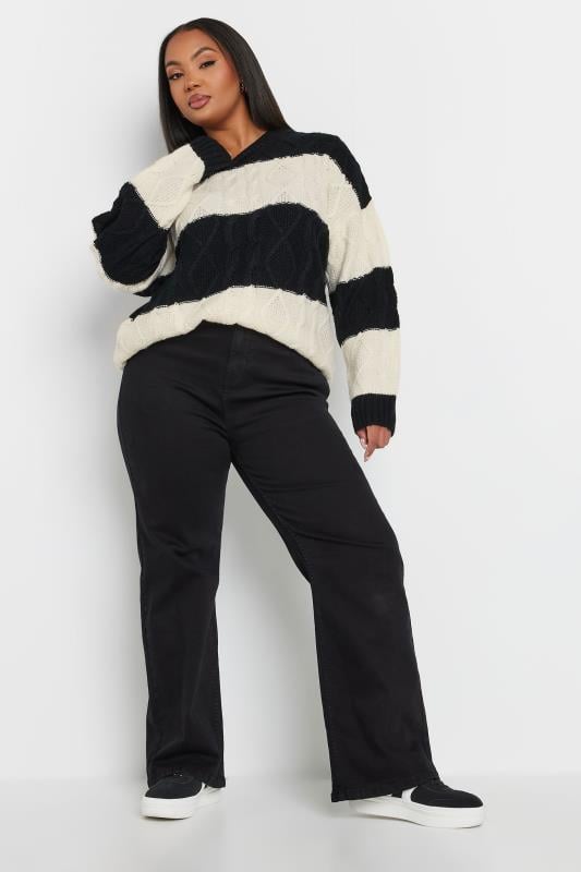 YOURS Plus Size Black & Cream Stripe Cable Twist Jumper | Yours Clothing 3