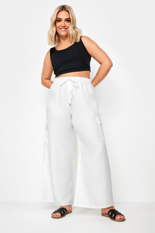 YOURS Plus Size Ivory White Linen Look Cargo Trousers | Yours Clothing 2