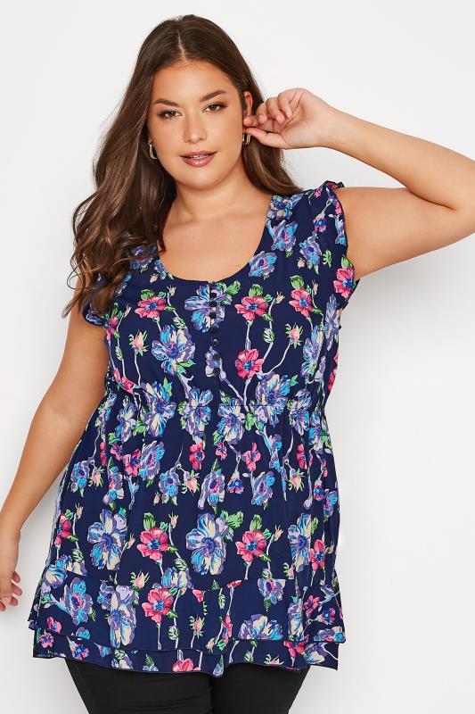 Curve Navy Blue Floral Print Frill Sleeve Smock Top 1