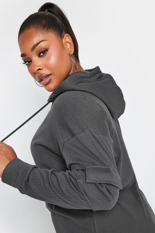 YOURS Plus Size Charcoal Grey Ribbed Cargo Hoodie | Yours Clothing 4