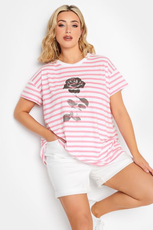 YOURS Plus Size Pink Stripe Rose Print T-Shirt | Yours Clothing 1