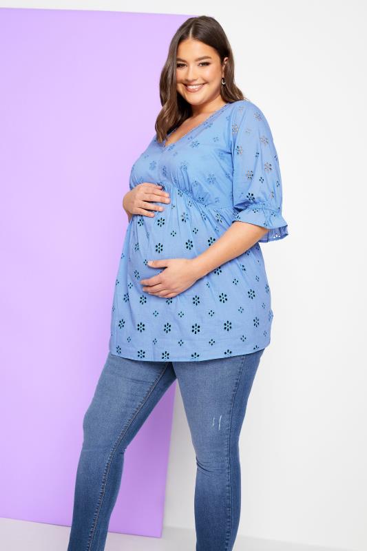 BUMP IT UP MATERNITY Plus Size Blue Broderie Anglaise Blouse | Yours Clothing 1