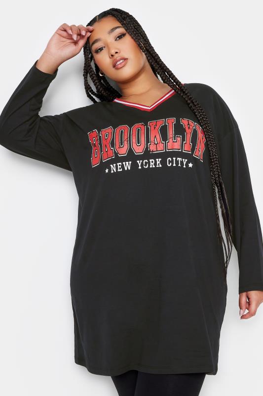 YOURS Plus Size Black 'Brooklyn' Varsity Oversized Tunic Top | Yours Clothing 1