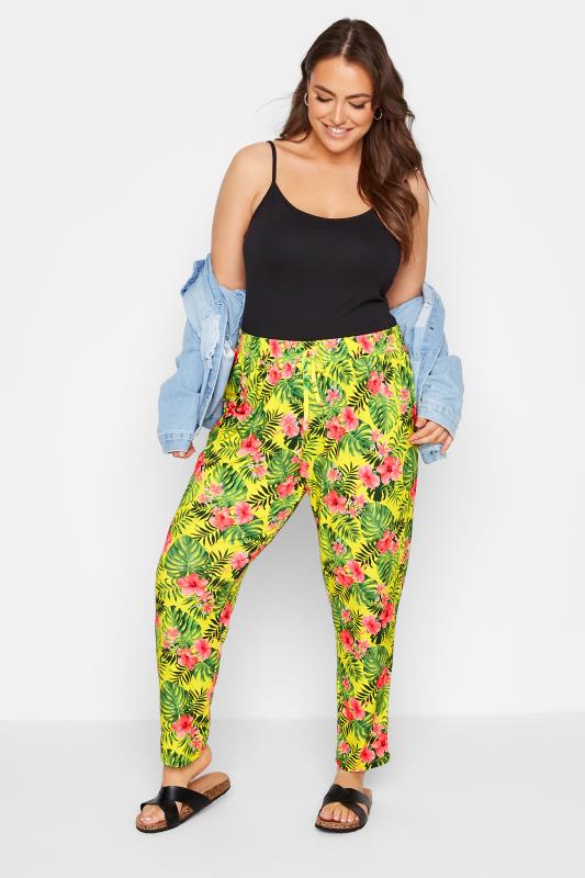 Plus Size Yellow Tropical Print Drawstring Trousers | Yours Clothing  2
