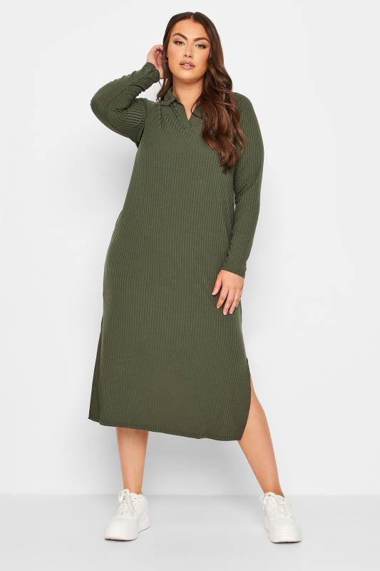 Curve Plus Size Khaki Green Spilt Side Midi Dress | Yours Clothing 1