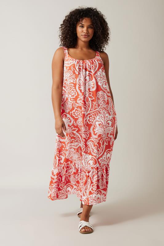 Plus Size  Evans Orange & White Paisley Floral Print Frill Hem Midi Dress