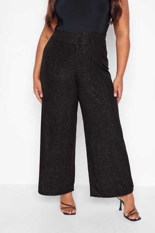 YOURS LONDON Plus Size Black Glitter Party Wide Leg Trousers | Yours Clothing 1
