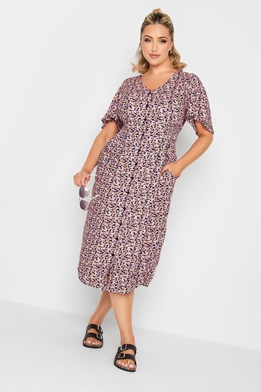  Grande Taille YOURS Curve Black & Pink Ditsy Print Tea Dress