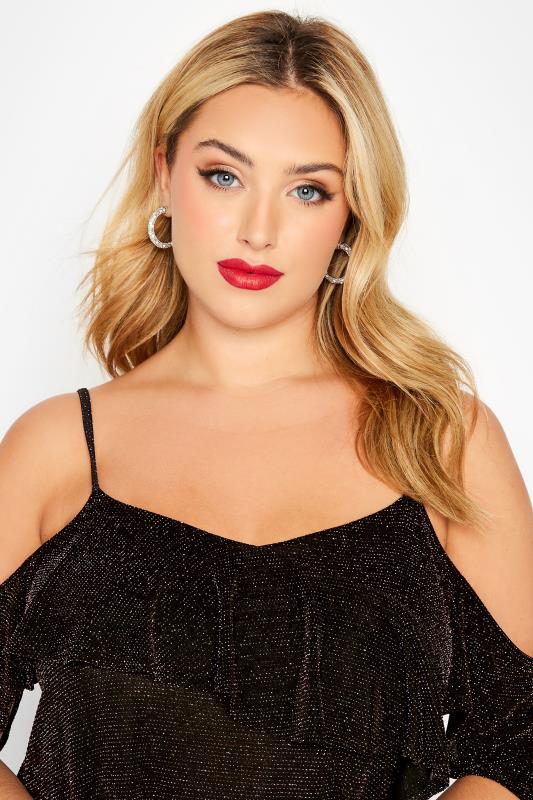 Plus Size Black & Gold Glitter Frill Cold Shoulder Top | Yours Clothing 4