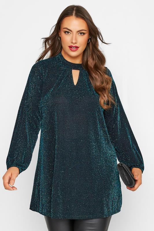 YOURS LONDON Plus Size Black & Blue Glitter Cut Out Swing Top | Yours Clothing 1