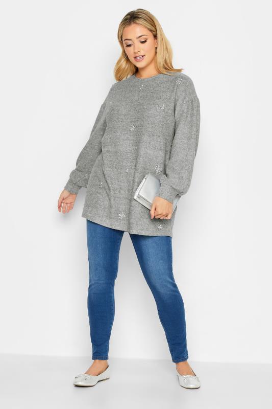 YOURS LUXURY Curve Grey Pearl & Stud Embellished Soft Touch Puff Sleeve Top | Yours Clothing 2