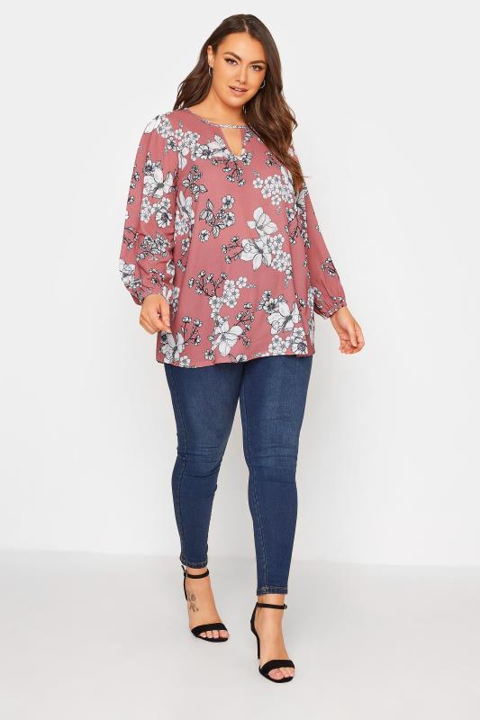YOURS LONDON Curve Pink Floral Print Keyhole Balloon Sleeve Blouse_B.jpg