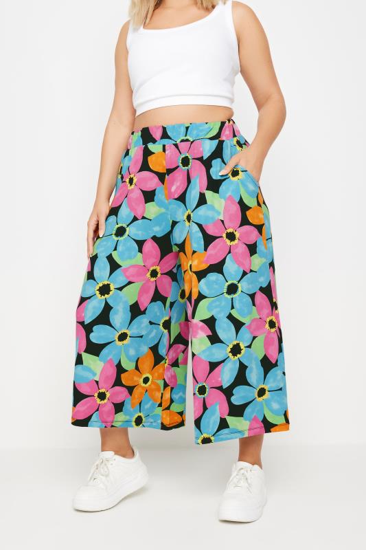 YOURS Plus Size Blue & Pink Floral Print Midaxi Culottes | Yours Clothing 1