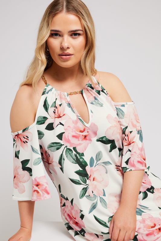  Grande Taille YOURS LONDON Curve White Floral Print Chain Cold Shoulder Top