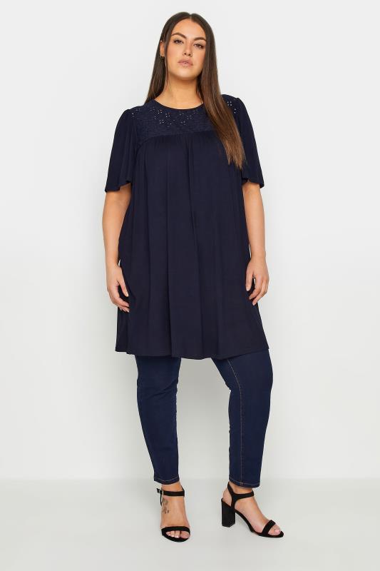 Plus Size  Evans Navy Blue Broderie Anglaise Detail Tunic Top