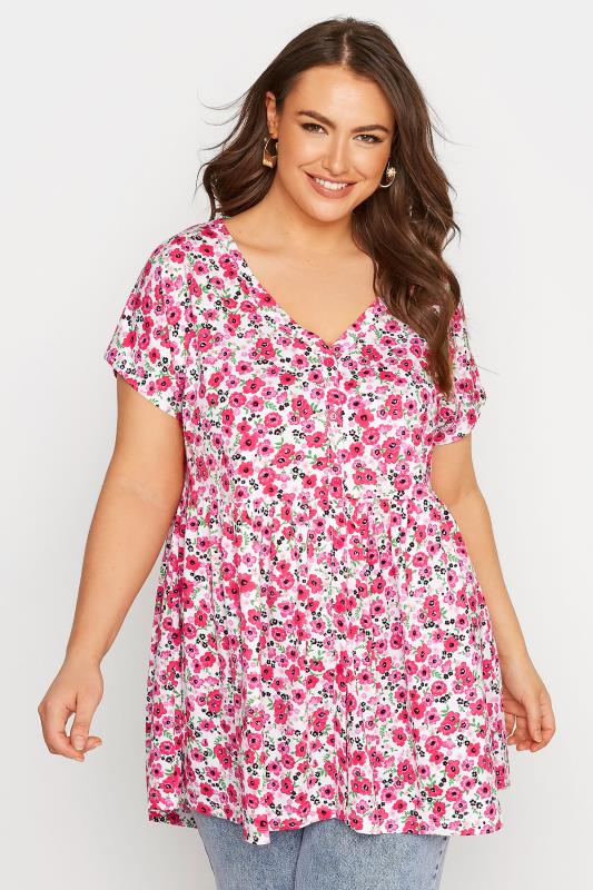 Plus Size Pink Floral Print Button Through Smock Top | Yours Clothing  1