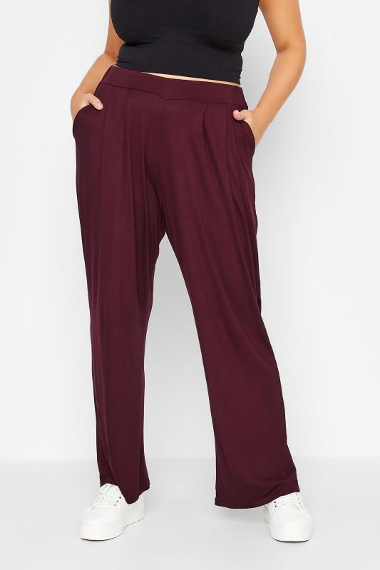  YOURS Curve Burgundy Red Pleat Stretch Wide Leg Trousers