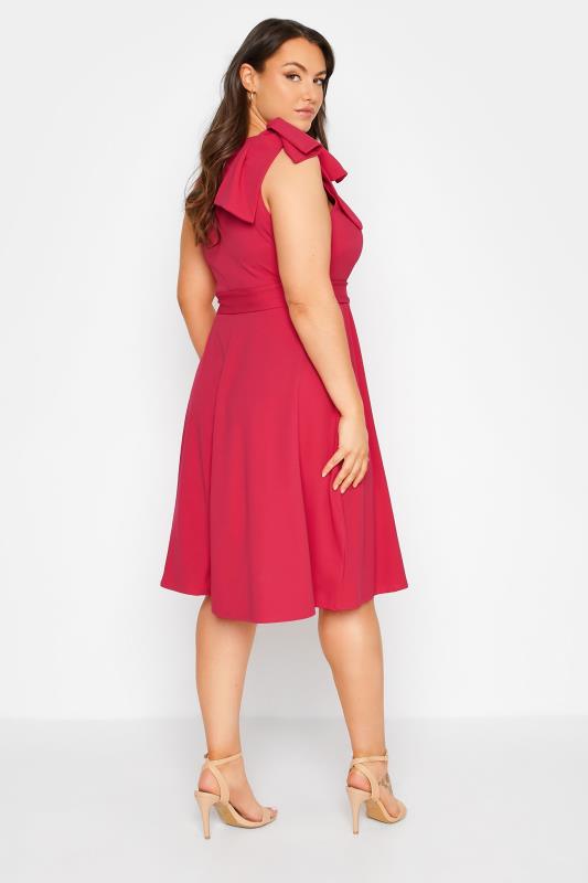 YOURS LONDON Plus Size Hot Pink Bow Shoulder Midi Skater Dress | Yours Clothing  3