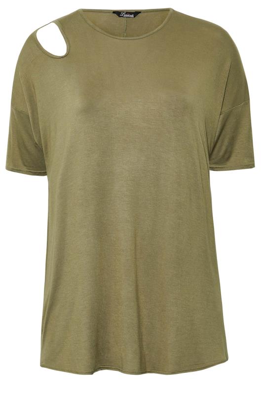 LIMITED COLLECTION Plus Size Khaki Green Cut Out Sleeve Oversized T-Shirt | Yours Clothing 6