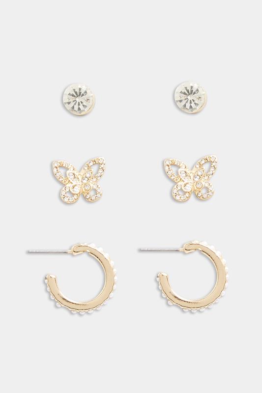 3 PACK Gold Butterfly Stud & Hoop Earrings Set | Yours Clothing  2