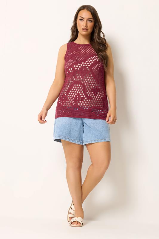 YOURS Plus Size Burgundy Red Knitted Stitch Detail Vest Top | Yours Clothing 2