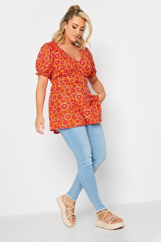 LIMITED COLLECTION Plus Size Orange Floral Frill Sleeve Top | Yours Clothing 2
