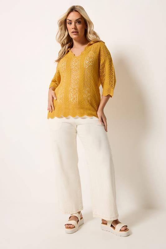 YOURS Plus Size Mustard Yellow Pointelle Knitted T-Shirt | Yours Clothing 1