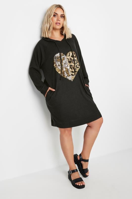 YOURS Plus Size Black Sequin Embellished Heart Hoodie Dress | Yours Clothing  2