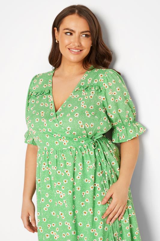 Plus Size Green Daisy Print Frill Sleeve Wrap Dress | Yours Clothing  4