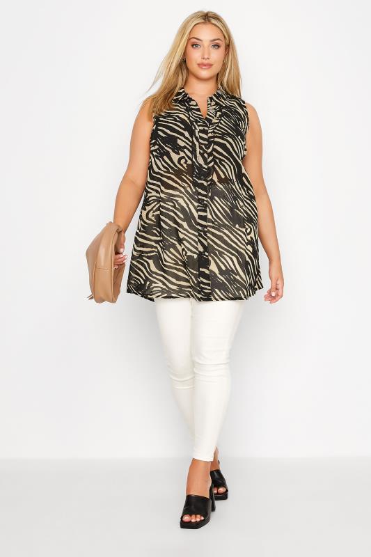 Plus Size Black Zebra Print Sleeveless Frill Blouse | Yours Clothing 2