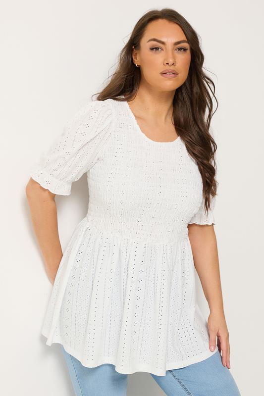  YOURS top blanco con bordados con calados y manga abullonada fruncida