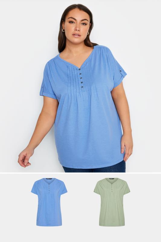 YOURS Plus Size 2 PACK Blue & Green Pintuck Henley T-Shirts | Yours Clothing 1