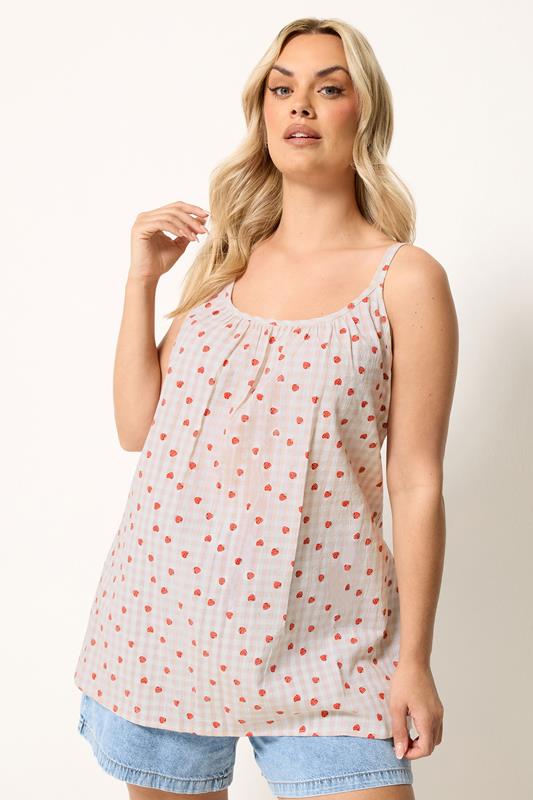 YOURS top sin mangas con estampado de fresas y cuadros rosas con vuelo