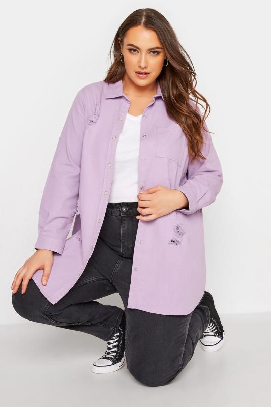 Plus Size Lilac Purple Distressed Denim Shirt | Yours Clothing  1