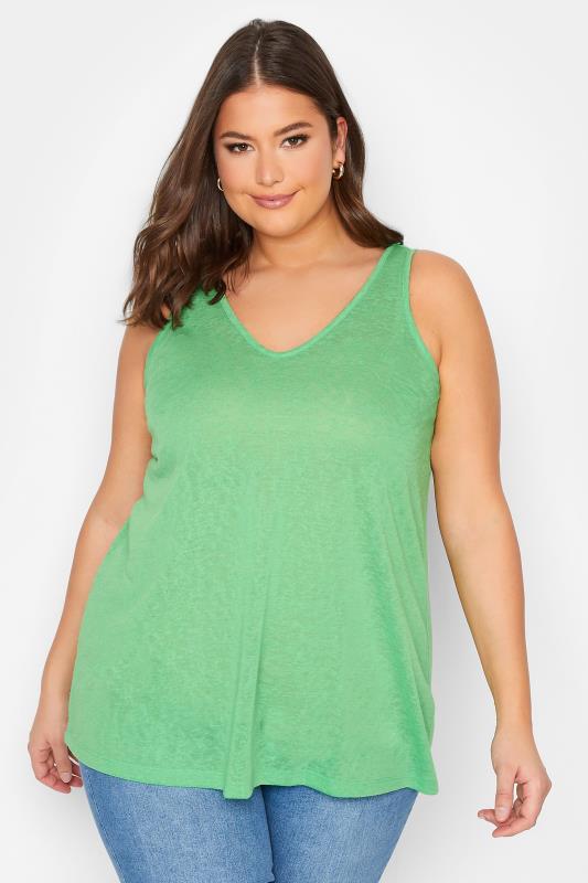 YOURS Plus Size Green Linen Look Vest Top | Yours Clothing 1