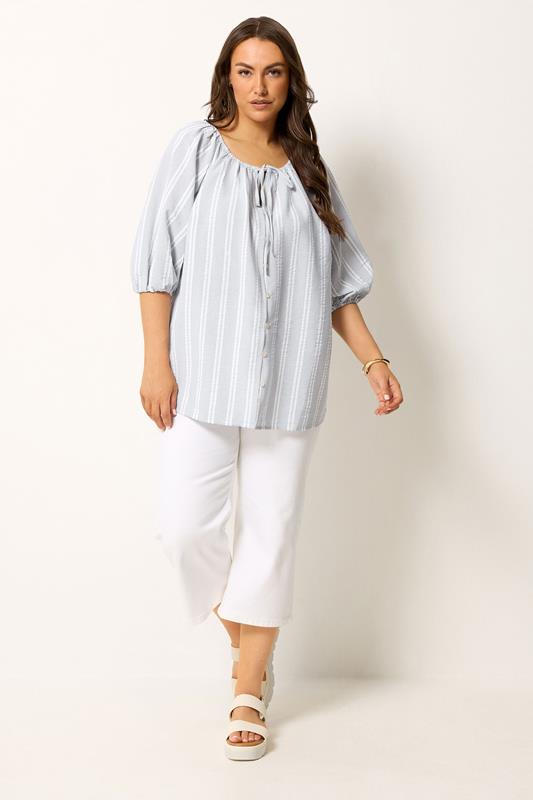 YOURS Plus Size Grey Stripe Tie Neck Top | Yours Clothing 1