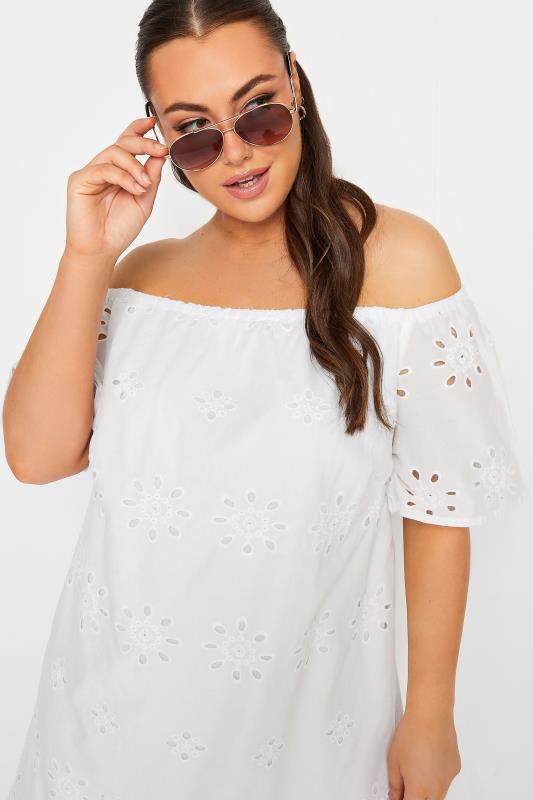 YOURS Plus Size White Broderie Anglaise Bardot Dress | Yours Clothing 4