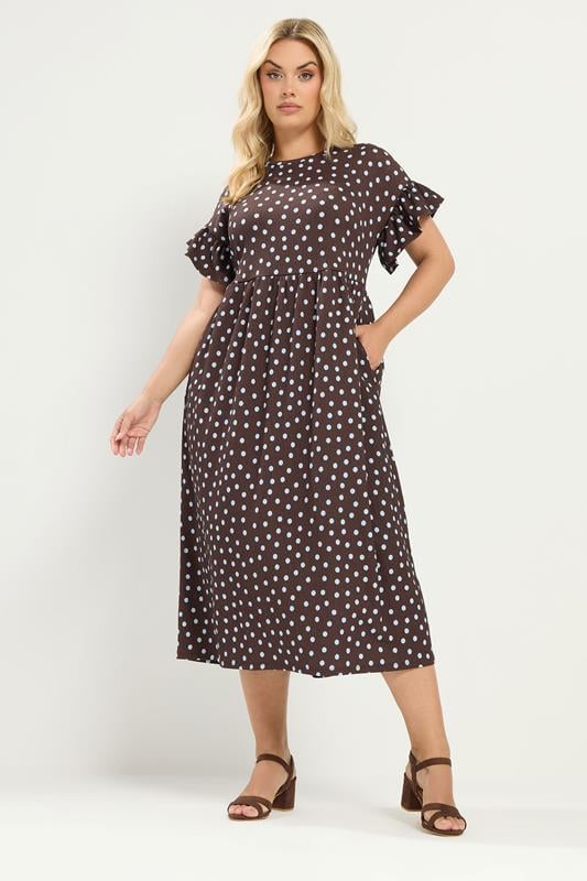 YOURS Plus Size Chocolate Brown Polka Dot Maxi Dress | Yours Clothing 1