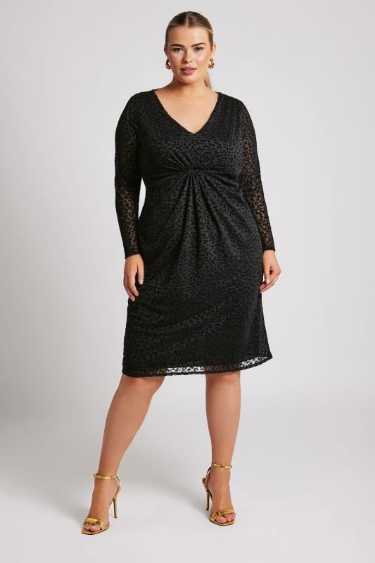 YOURS LONDON Plus Size Black Animal Flocked Midi Dress | Yours Clothing 1