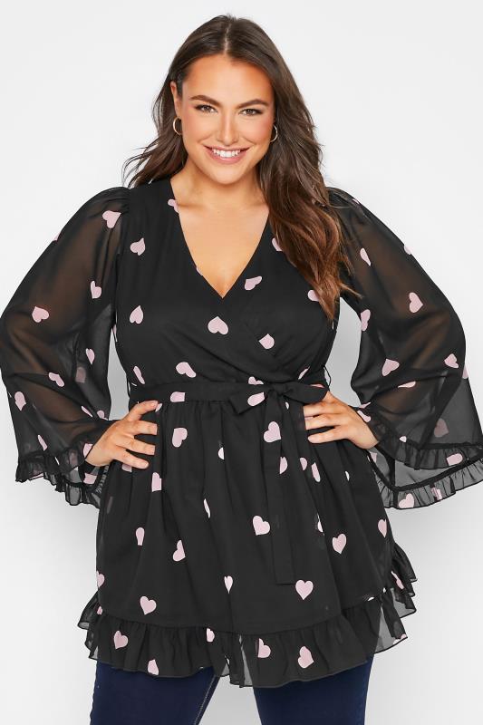 YOURS LONDON Plus Size Black Heart Print Ruffle Wrap Top | Yours Clothing 1