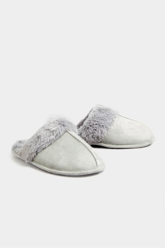 Plus Size  Grey Fur Cuff Mule Slippers In Extra Wide Fit