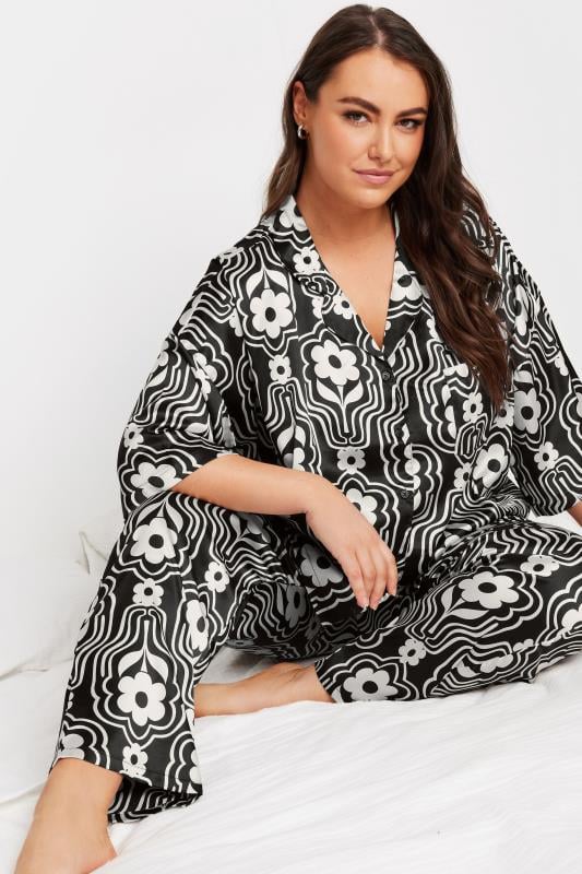 Plus Size  YOURS Curve Brown Floral Print Satin Pyjama Set