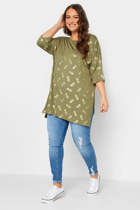 YOURS Curve Khaki Green Pineapple Foil Print T-Shirt 2