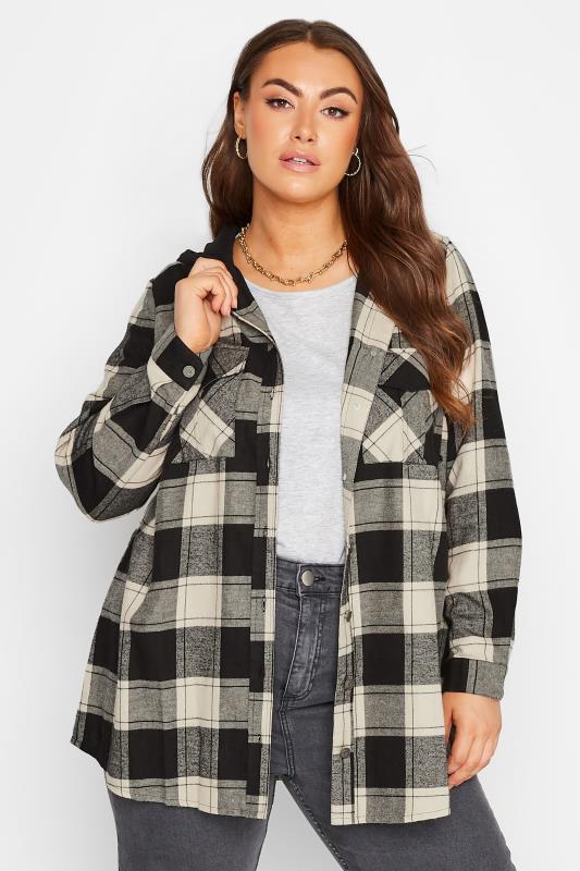Plus Size Black & Cream Check Hooded Shirt | Yours Clothing 2