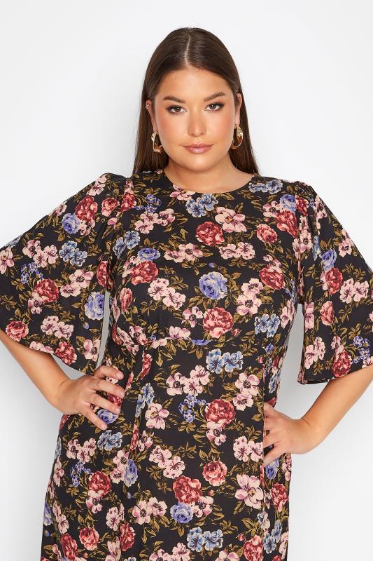 Plus Size Black Floral Print Side Split Midi Dress | Yours Clothing 4