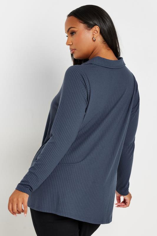 YOURS Plus Size Slate Grey Ribbed Button Front Long Sleeve Collared Top | Yours Clothing 3