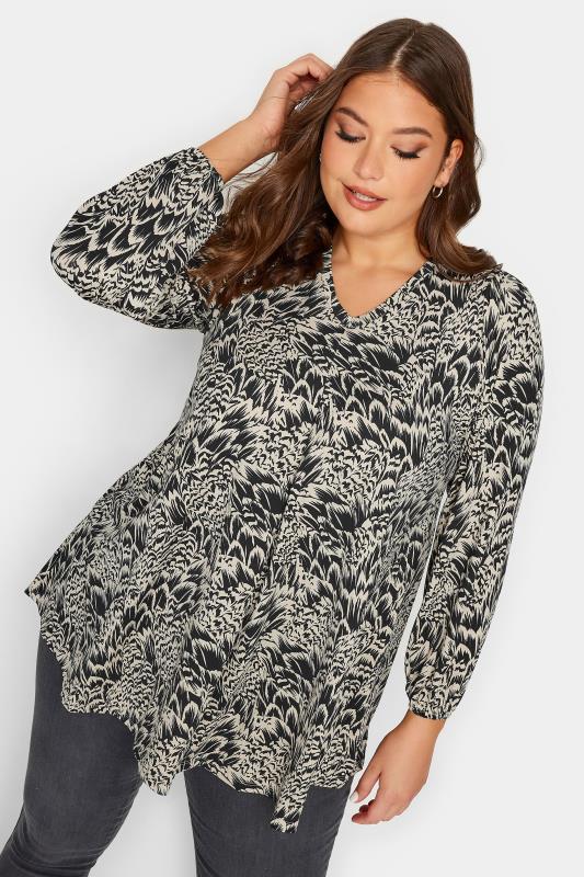 YOURS Plus Size Black Floral Print Balloon Sleeve Top | Yours Clothing 1