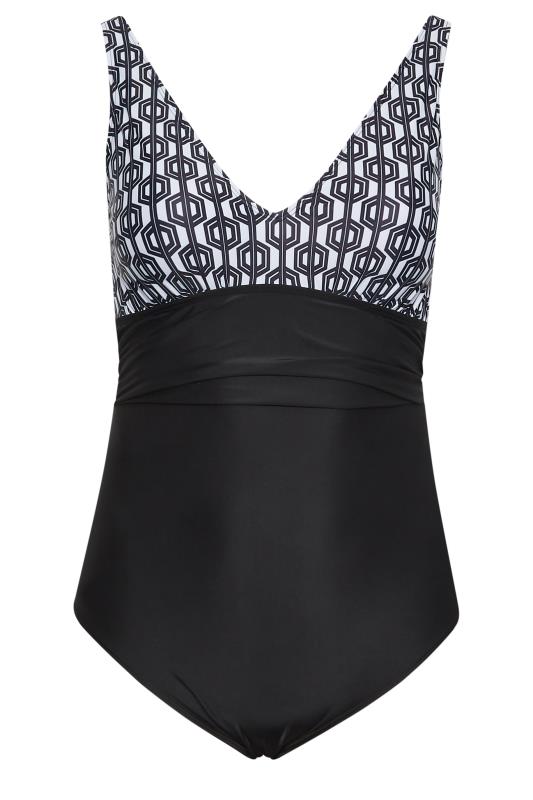 YOURS Plus Size Black Geometric Print Plunge Tummy Control Swimsuit | Yours Clothing 6