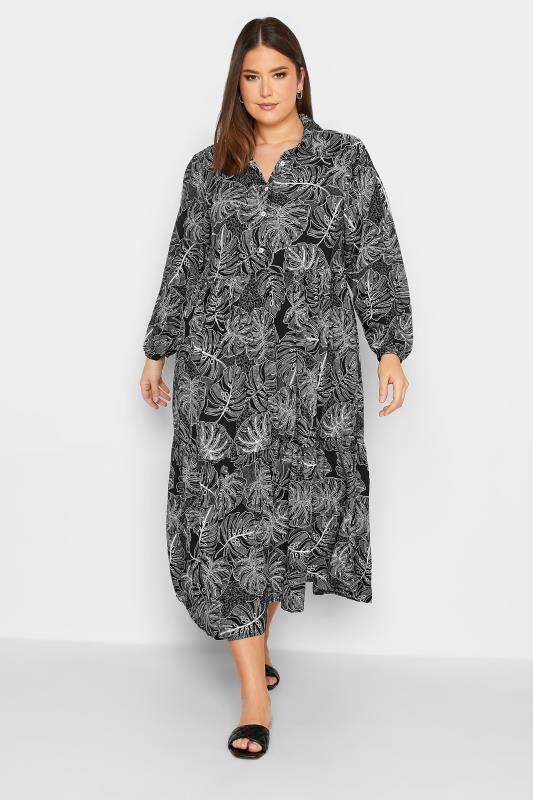 YOURS Plus Size Black Leaf Print Shirt Dress | Yours Clothing 1