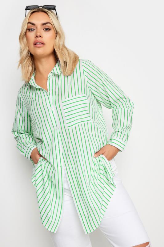 Plus Size  YOURS Curve White & Green Stripe Print Boyfriend Shirt